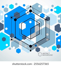 Engineering technological blue vector 3D wallpaper made with cubes and lines. Illustration of engineering system, abstract technological backdrop. Abstract technical background.