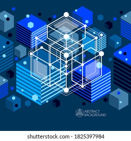 Engineering technological dark blue vector 3D wallpaper made with cubes and lines. Illustration of engineering system, abstract technological backdrop. Abstract technical background.