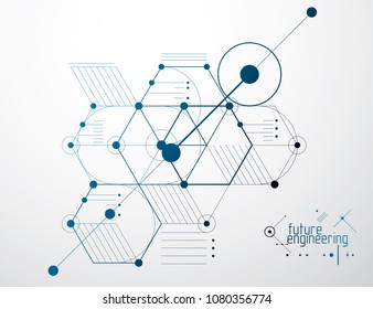 Engineering technological vector wallpaper made with hexagons, circles and lines. Modern geometric composition can be used as template and layout. Abstract technical background.