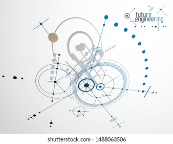 Engineering technological vector wallpaper made with circles and lines. Modern geometric composition can be used as template and layout. Abstract technical background.
