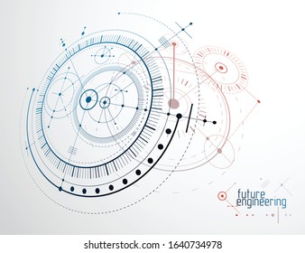Engineering technological vector wallpaper made with circles and lines. Modern geometric composition can be used as template and layout. Abstract technical background.