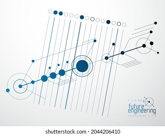 Engineering technological vector wallpaper made with circles and lines. Modern geometric composition can be used as template and layout. Abstract technical background.