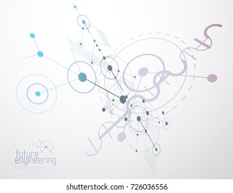 Engineering technological vector wallpaper made with circles and lines. Modern geometric composition can be used as template and layout. Abstract technical background.