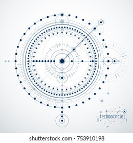 Engineering technological vector wallpaper made with circles and lines. Modern geometric composition can be used as template and layout. Abstract technical background.