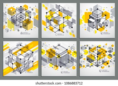 Engineering technological yellow vector 3D wallpapers set made with cubes and lines. Illustration of engineering system, abstract technological backdrop. Abstract technical background.