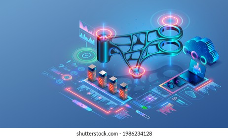 Engineering technology concept. CAD system. Generative design of 3d model, 3d printing of metal part. Computer software of technical design of mechanism detail. Modern Industry machinery production.