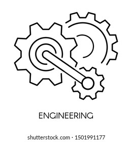 Engineering and technology development isolated outline icon vector. Cogwheels linear symbol, mechanism testing and speed optimization. Machinery and construction industry, machine power