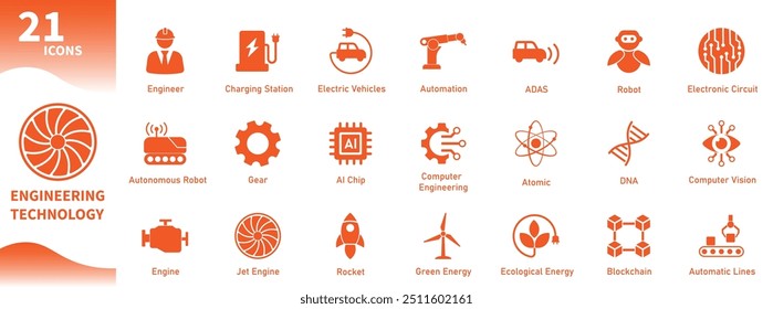 Ícone da tecnologia de engenharia. Coleção de ícones sobre inteligência artificial, automação, tecnologia de computador, mecânica, energia. Ícones de vetor sólido.