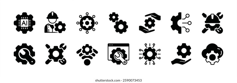 Engineering technology icon vector set. Containing circuit, chips, engineer, manufacturing, mechanical, technician, worker, industrial, machinery, engine, maintenance, setting, process, cogwheel