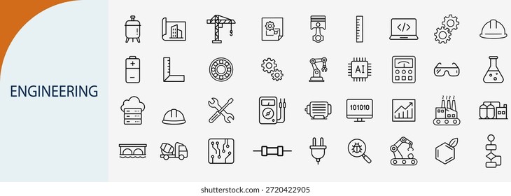 Conjunto de tecnología de ingeniería y fabricación industrial, iconos de vector de contorno, negro
