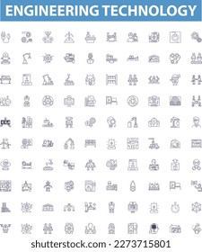 Engineering technology line icons, signs set. Engineering, Technology, Design, Fabrication, Construction, Automation, Robotics, Simulation, Coding outline vector illustrations.