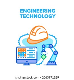Engineering Technology System Vector Icon Concept. Developing And Programming Robotic Arm Engineering Technology System, Industrial Conveyor Robot. Protective Helmet Color Illustration