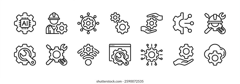 Engineering technology thin line icon set. Containing circuit, chips, engineer, manufacturing, mechanical, technician, worker, industrial, machinery, engine, maintenance, setting, process, cogwheel