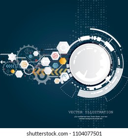 Engineering technology various multicolour elements witn geometric shape, digital space for content, network, business tech presentation on blue background, futuristic interface. vector ilustration