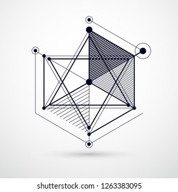 Engineering technology vector black and white wallpaper made with 3D cubes and lines. Engineering technological wallpaper made with honeycombs. Abstract technical background.