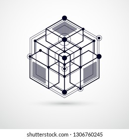 Engineering technology vector black and white wallpaper made with 3D cubes and lines. Engineering technological wallpaper made with honeycombs. Abstract technical background.