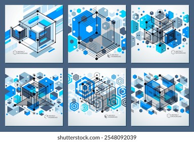 Fondos de pantalla de Vector azul de la tecnología de la ingeniería hechos con los cubos y las líneas 3D. Fondo de pantalla tecnológico de ingeniería hecho con panales. Abstractas formación técnica.