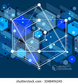 Engineering technology vector dark blue wallpaper made with 3D cubes and lines. Engineering technological wallpaper made with honeycombs. Abstract technical background.