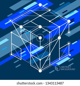Engineering technology vector dark blue wallpaper made with 3D cubes and lines. Engineering technological wallpaper made with honeycombs. Abstract technical background.