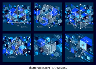 Engineering technology vector dark blue wallpapers set made with 3D cubes and lines. Engineering technological wallpaper made with honeycombs. Abstract technical background.