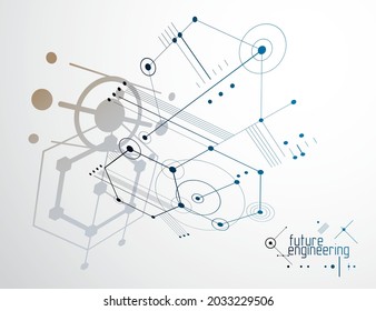 Engineering technology vector wallpaper made with hexagons, circles and lines. Technical drawing abstract background.