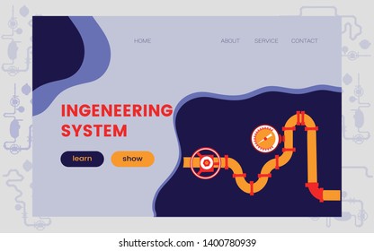 Engineering technology web page, banner with pipe system for engineering, technology, construction, building, installation, smart home, anti-fire. Vector illustration