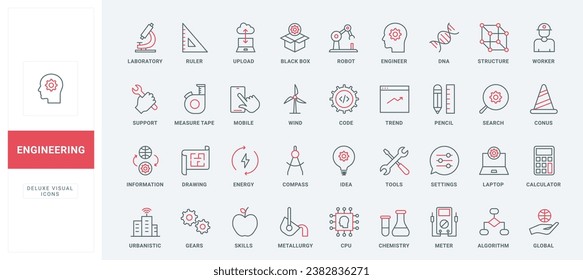 Engineering thin black and red line icons set vector illustration. Outline symbols of engineers tools, global algorithm and settings, support of search, upload and exchange information and ideas