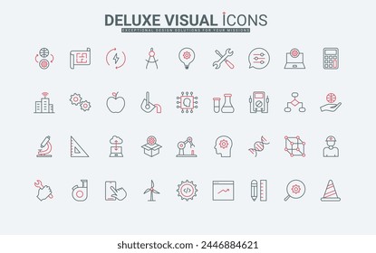 Engineering thin black and red line icons set vector illustration. Outline symbols of engineers tools and data system for work, factory production and robots support, tech ideas and drafts pictograms