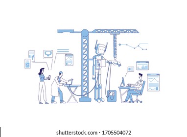Engineering thin line concept vector illustration. Male and female engineers making robot 2D cartoon characters for web design. Cybernetic, robotics, technology, innovative breakthrough creative idea