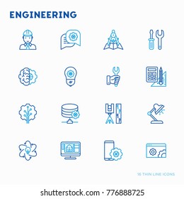 Engineering thin line icons: engineer, electrinocs, calculations, tools, repair, idea, it server. Modern vector illustration.