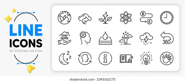 Engineering, Thunderstorm weather and Moon line icons set for app include Eco power, Feedback, Waterproof outline thin icon. Info, Cloud share, Chemistry atom pictogram icon. Idea, Face idTime. Vector