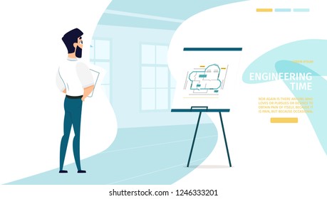 Engineering Time Cartoon Vector Web Banner or Landing Page with Architect or Engineer Working with Construction Drawings, Architectural Plans Illustration. Industrial Design Company Website Template