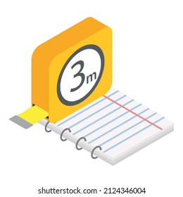 Engineering tool icon isometric vector. Measuring tape, ring binding notebook. Construction and engineering equipment