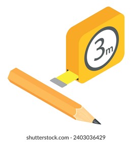 Engineering tool icon isometric vector. Yellow measuring tape and wooden pencil. Construction and engineering equipment