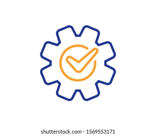 Engineering tool sign. Cogwheel with check line icon. Cog gear symbol. Colorful outline concept. Blue and orange thin line cogwheel icon. Vector