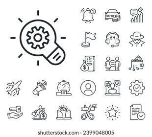 Engineering tool sign. Salaryman, gender equality and alert bell outline icons. Cogwheel line icon. Idea bulb symbol. Cogwheel line sign. Spy or profile placeholder icon. Vector