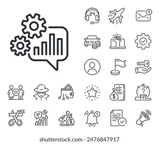 Señal de herramienta de ingeniería. Iconos de salariales, igualdad de género y campanas de alerta. Icono de línea de chat Cogwheel. Símbolo del engranaje. Signo de la línea Cogwheel. Espiar o icono de marcador de posición de perfil. Vector