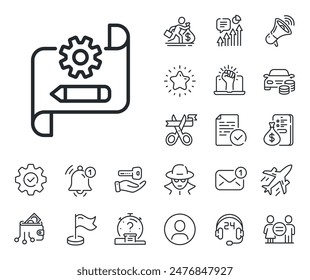 Engineering tool sign. Salaryman, gender equality and alert bell outline icons. Cogwheel blueprint line icon. Edit settings symbol. Cogwheel blueprint line sign. Vector