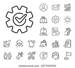 Engineering tool sign. Salaryman, gender equality and alert bell outline icons. Cogwheel with check line icon. Cog gear symbol. Cogwheel line sign. Spy or profile placeholder icon. Vector