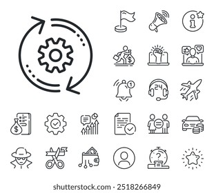 Engineering tool sign. Salaryman, gender equality and alert bell outline icons. Cogwheel line icon. Cog gear, refresh settings symbol. Cogwheel line sign. Spy or profile placeholder icon. Vector