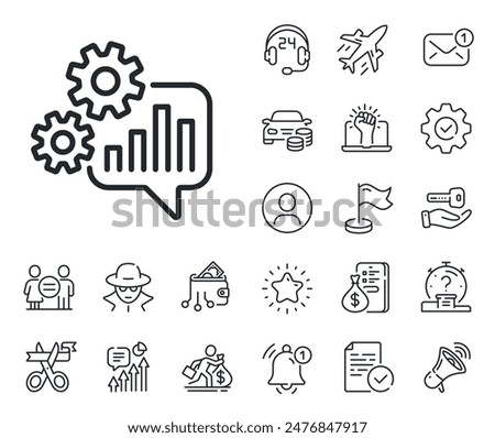 Engineering tool sign. Salaryman, gender equality and alert bell outline icons. Cogwheel chat line icon. Cog gear symbol. Cogwheel line sign. Spy or profile placeholder icon. Vector