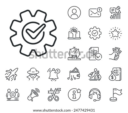 Engineering tool sign. Salaryman, gender equality and alert bell outline icons. Cogwheel with check line icon. Cog gear symbol. Cogwheel line sign. Spy or profile placeholder icon. Vector