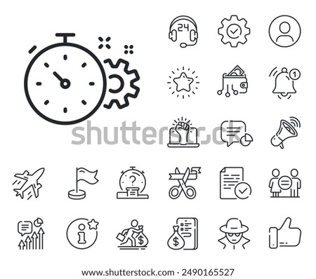 Engineering tool sign. Salaryman, gender equality and alert bell outline icons. Cogwheel with timer line icon. Cog gear symbol. Cogwheel timer line sign. Spy or profile placeholder icon. Vector