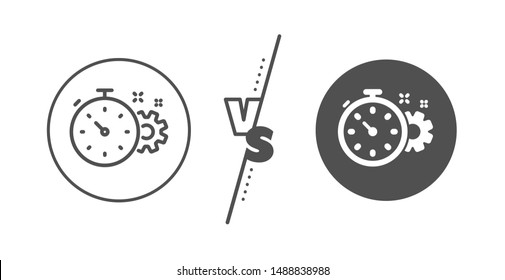 Engineering tool sign. Versus concept. Cogwheel with timer line icon. Cog gear symbol. Line vs classic cogwheel timer icon. Vector