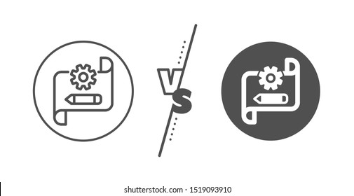 Engineering tool sign. Versus concept. Cogwheel blueprint line icon. Edit settings symbol. Line vs classic cogwheel blueprint icon. Vector