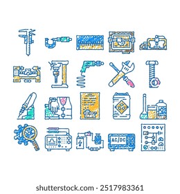 Engineering-Tool Arbeitsmittel doodle Symbole gesetzt Vektor. Skizze Linie Kunst-Technologie Reparatur, Schraubenschlüssel Schraubenzieher, Getriebe Schraubenzieher, Industrie Maschinenbau Werkzeug Arbeitsmittel Farbe Illustrationen