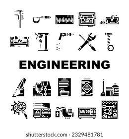 engineering tool work equipment icons set vector. technology repair, wrench spanner, gear screwdriver, industry mechanical engineering tool work equipment glyph pictogram Illustrations