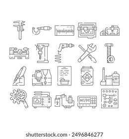 engineering tool work equipment icons set vector. technology repair, wrench spanner, gear screwdriver, industry mechanical engineering tool work equipment black contour illustrations