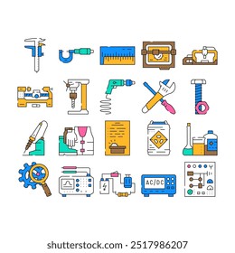 engineering tool work equipment icons set vector. technology repair, wrench spanner, gear screwdriver, industry mechanical engineering tool work equipment color Contour Illustrations