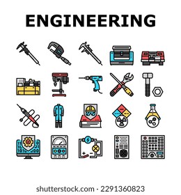 engineering tool work wrench icons set vector. gear spanner, engineer industry, repair computer, technology, mechanic, hammer engineering tool work wrench color line illustrations